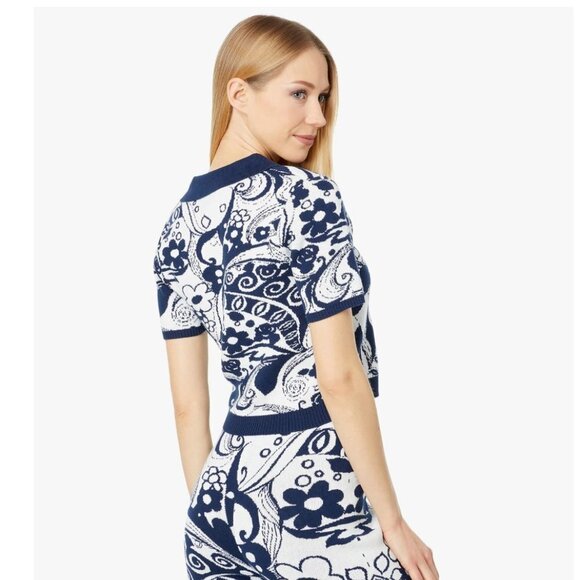 NEW WAYF 98 Navy Swirl Print Cotton Knit Cropped Polo Top Size S - Picture 2 of 8